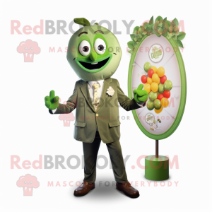 Olive Candy Box mascot costume character dressed with a Suit Jacket and Brooches