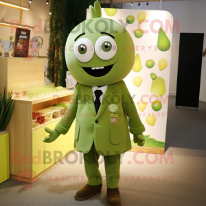 Olive Candy Box mascot costume character dressed with a Suit Jacket and Brooches