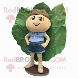 Tan Cabbage Leaf mascot costume character dressed with a Denim Shorts and Coin purses