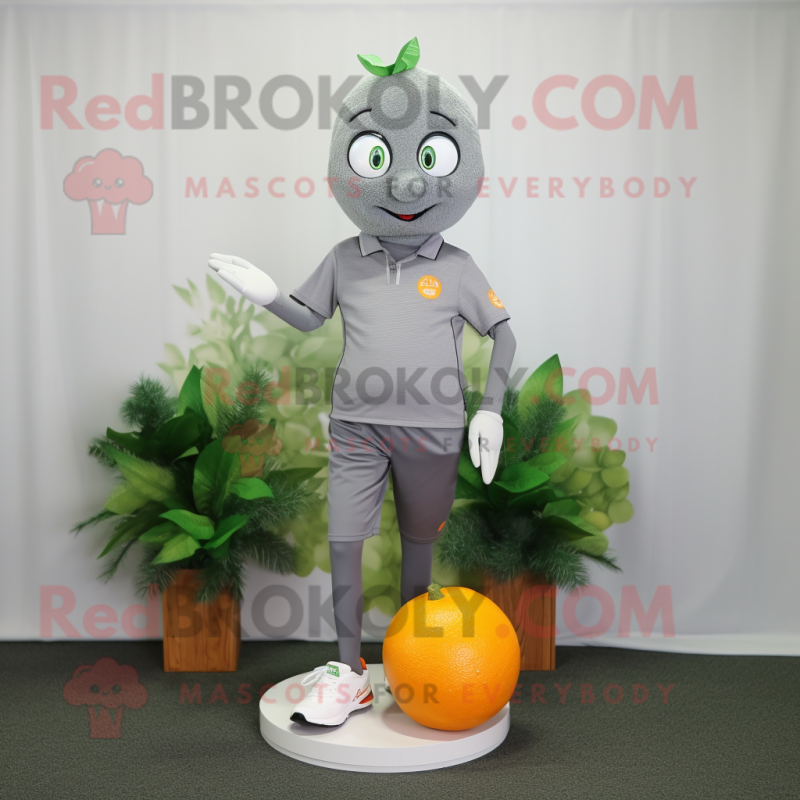 Gray Grapefruit mascot costume character dressed with a Polo Shirt and Shoe clips