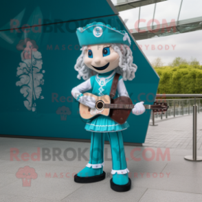 Turquoise Irish Dancer mascot costume character dressed with a Bootcut Jeans and Handbags