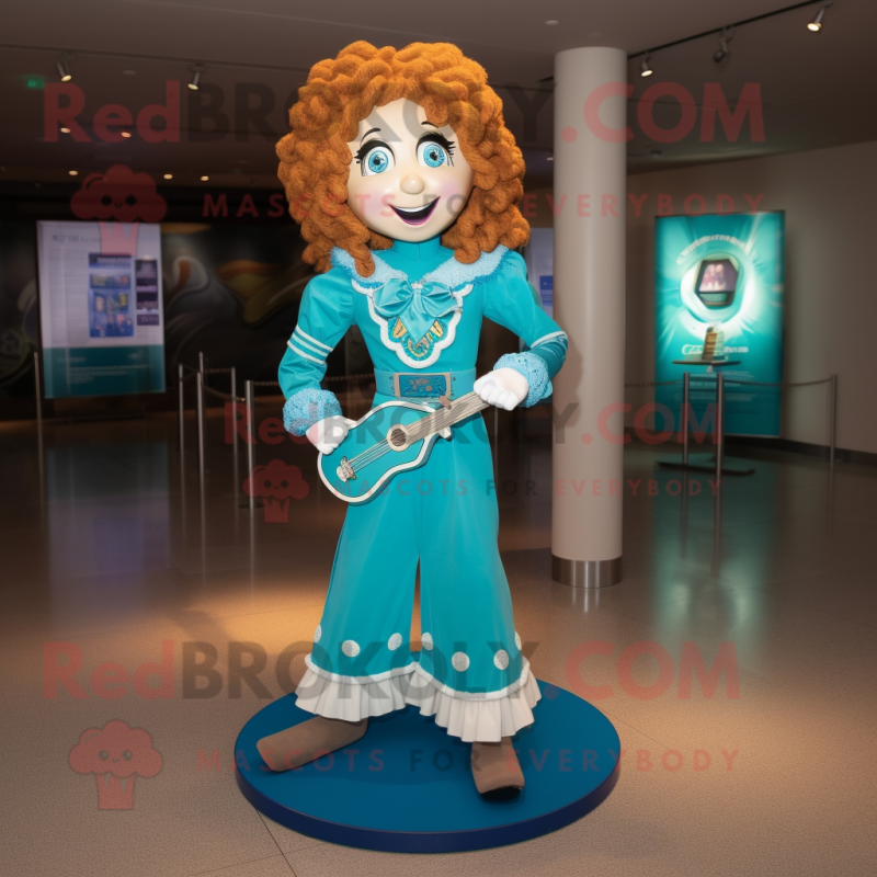 Turquoise Irish Dancer mascot costume character dressed with a Bootcut Jeans and Handbags