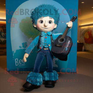 Turquoise Irish Dancer mascot costume character dressed with a Bootcut Jeans and Handbags