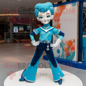Turquoise Irish Dancer mascot costume character dressed with a Bootcut Jeans and Handbags