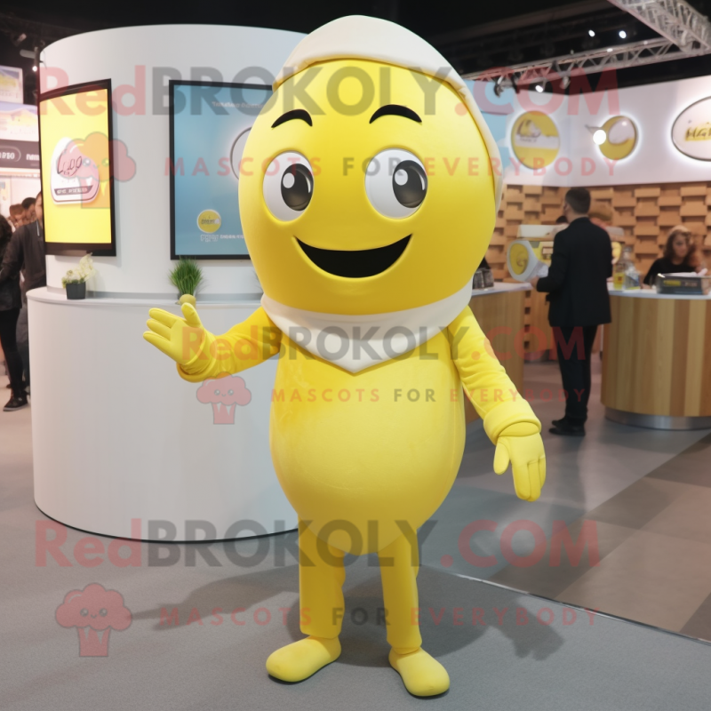 Lemon Yellow Gyro mascot costume character dressed with a Suit Pants and Mittens