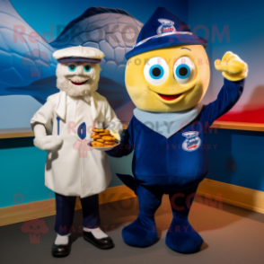 Navy Fish And Chips mascot costume character dressed with a Sweater and Ties