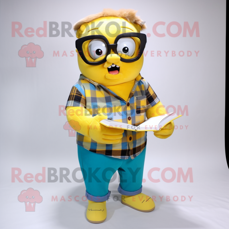 Yellow Ice mascot costume character dressed with a Flannel Shirt and Reading glasses