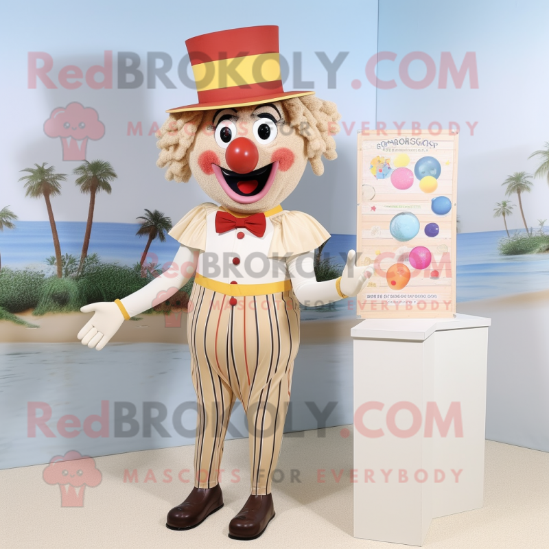 Beige Clown mascot costume character dressed with a Bikini and Lapel pins
