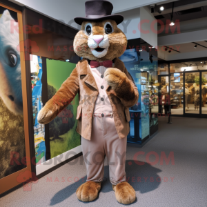 Brown Wild Rabbit mascot costume character dressed with a Suit Pants and Hats