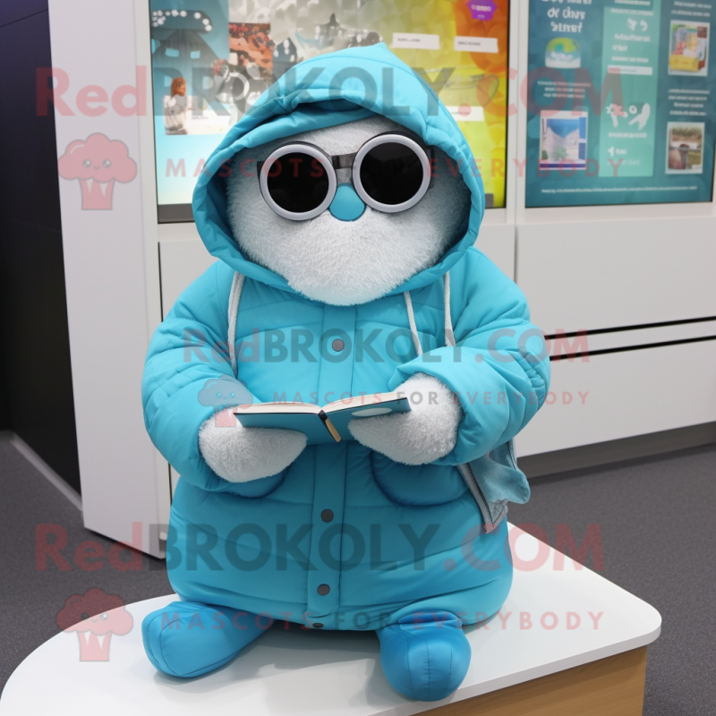 Cyan Shakshuka mascot costume character dressed with a Parka and Reading glasses