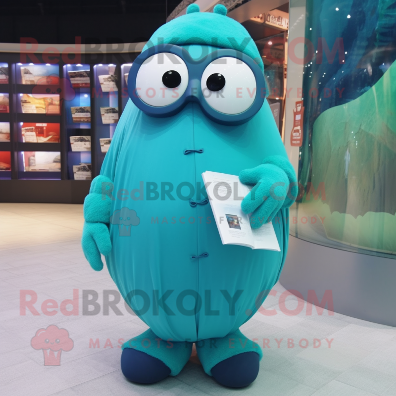 Cyan Shakshuka mascot costume character dressed with a Parka and Reading glasses