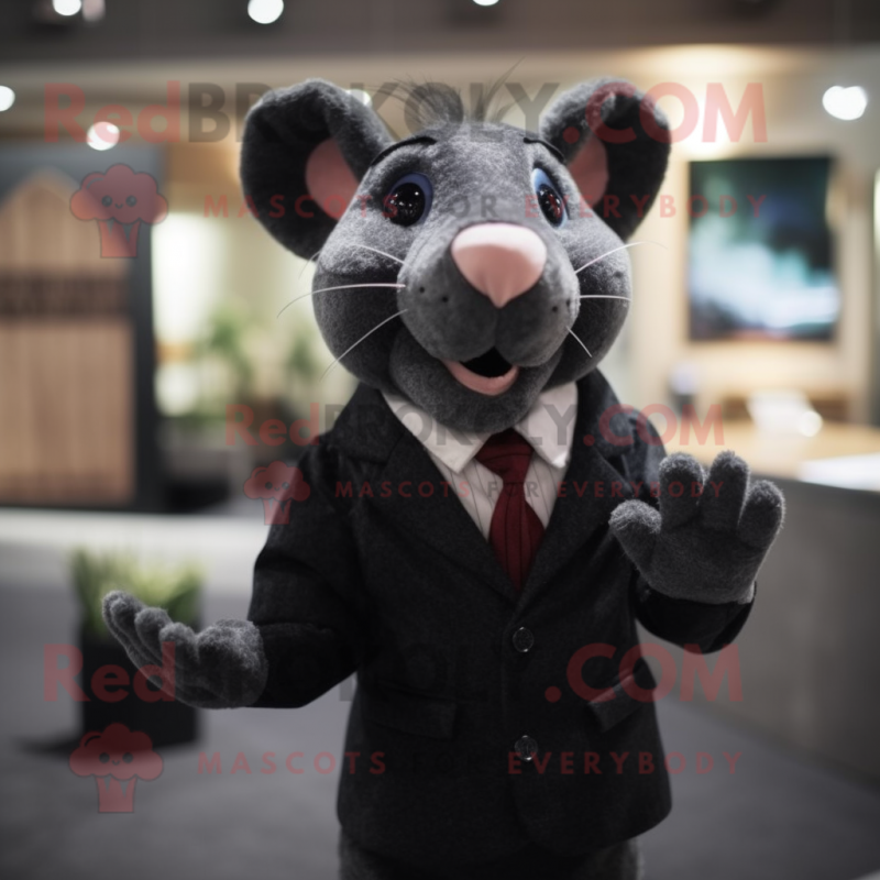 Black Rat mascot costume character dressed with a Suit and Mittens