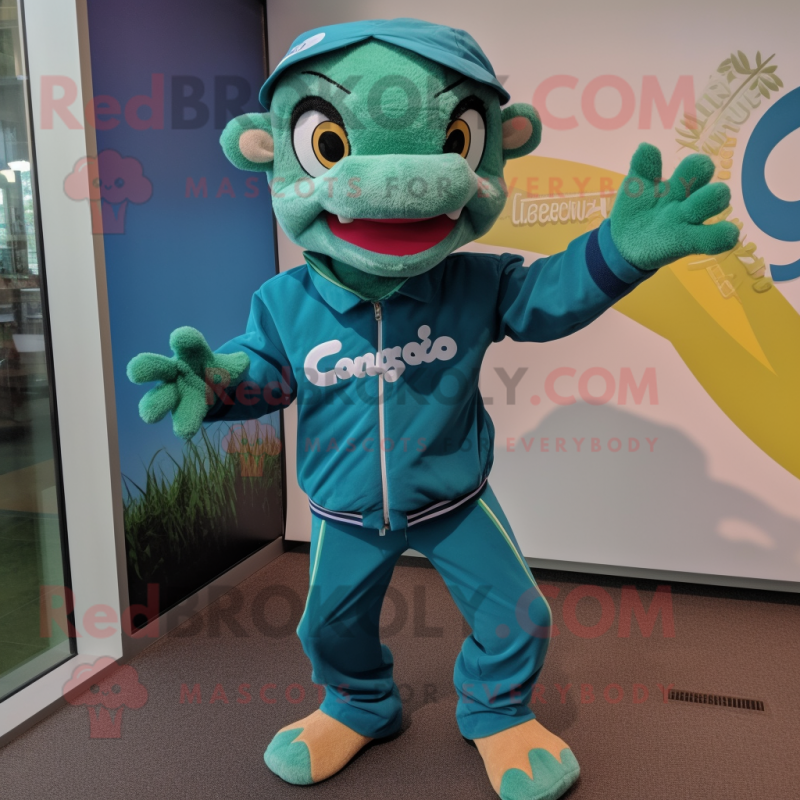 Teal Geckos mascot costume character dressed with a Windbreaker and Cummerbunds