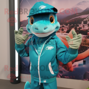 Teal Geckos mascot costume character dressed with a Windbreaker and Cummerbunds