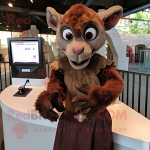 Brown Gargoyle mascot costume character dressed with a Henley Shirt and Gloves