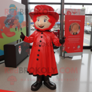 Red Irish Dancer mascot costume character dressed with a Raincoat and Briefcases