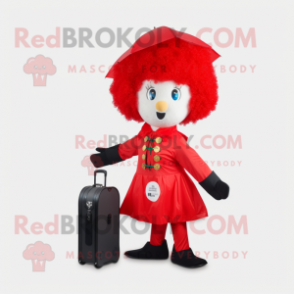 Red Irish Dancer mascot costume character dressed with a Raincoat and Briefcases