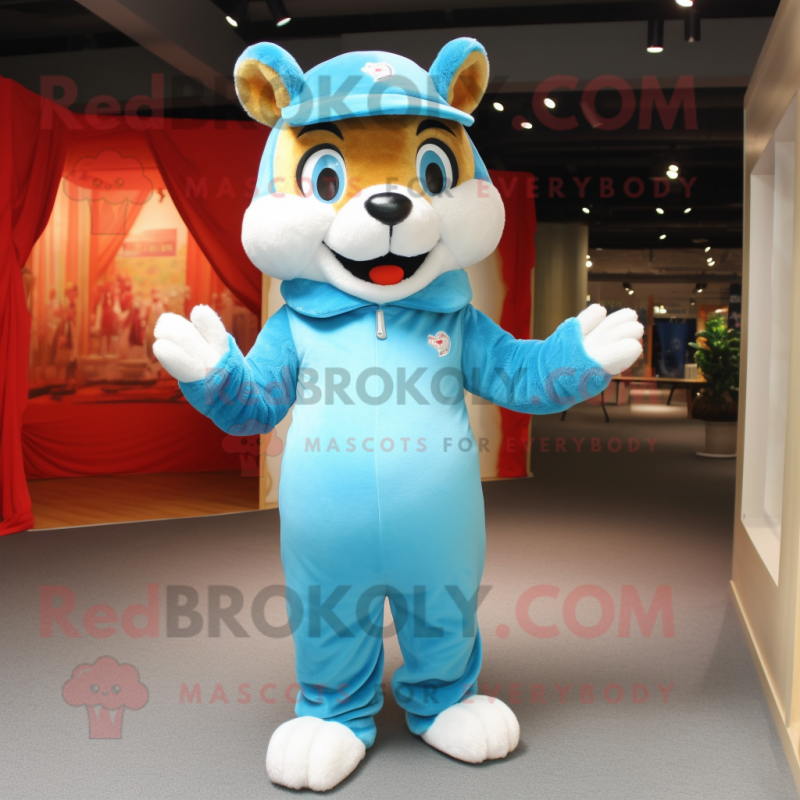 Sky Blue Chipmunk mascot costume character dressed with a Jumpsuit and Beanies