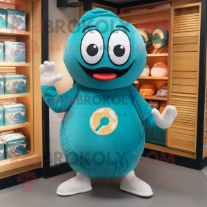 Teal Bagels mascot costume character dressed with a Sweatshirt and Clutch bags