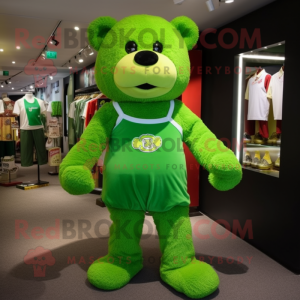 Green Teddy Bear mascot costume character dressed with a Shorts and Shoe laces