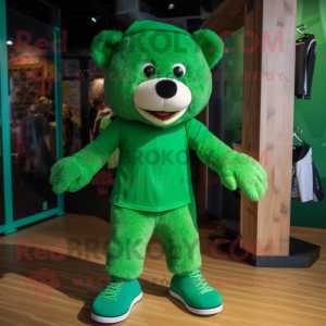 Green Teddy Bear mascot costume character dressed with a Shorts and Shoe laces