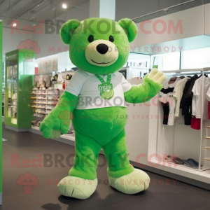 Green Teddy Bear mascot costume character dressed with a Shorts and Shoe laces