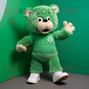 Green Teddy Bear mascot costume character dressed with a Shorts and Shoe laces