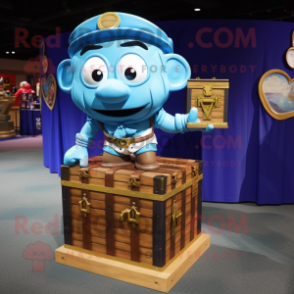 Blue Treasure Chest mascot costume character dressed with a Cargo Shorts and Shoe laces