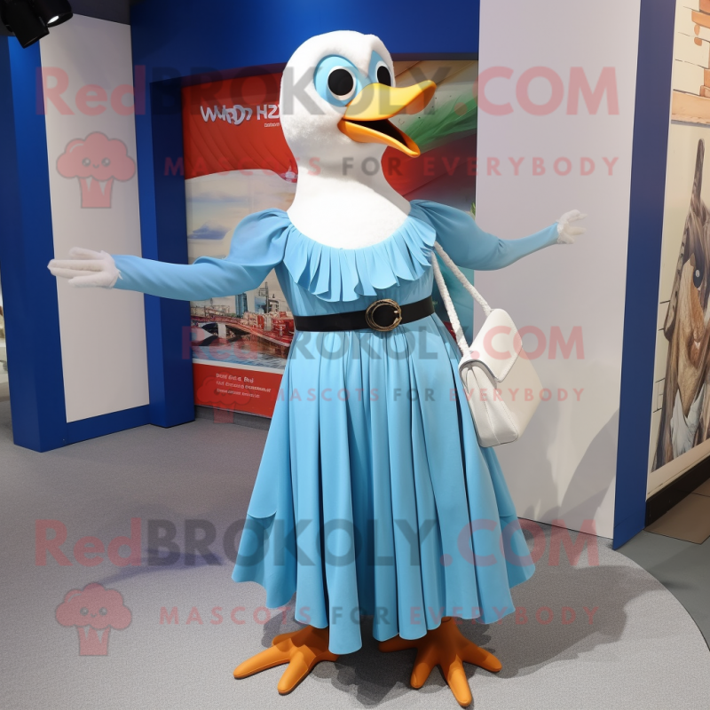 Sky Blue Gull mascot costume character dressed with a Maxi Dress and Belts