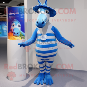 Blue Quagga mascot costume character dressed with a One-Piece Swimsuit and Hat pins