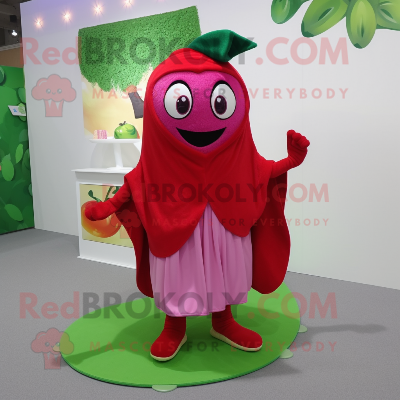 Magenta Apple mascot costume character dressed with a Shorts and Shawls