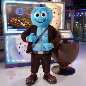 Blue Chocolates mascot costume character dressed with a Bomber Jacket and Smartwatches