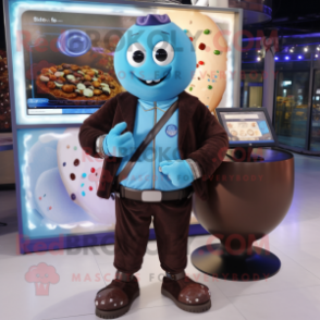 Blue Chocolates mascot costume character dressed with a Bomber Jacket and Smartwatches