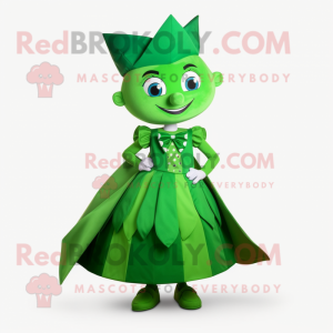 Green Queen mascot costume character dressed with a Vest and Bow ties