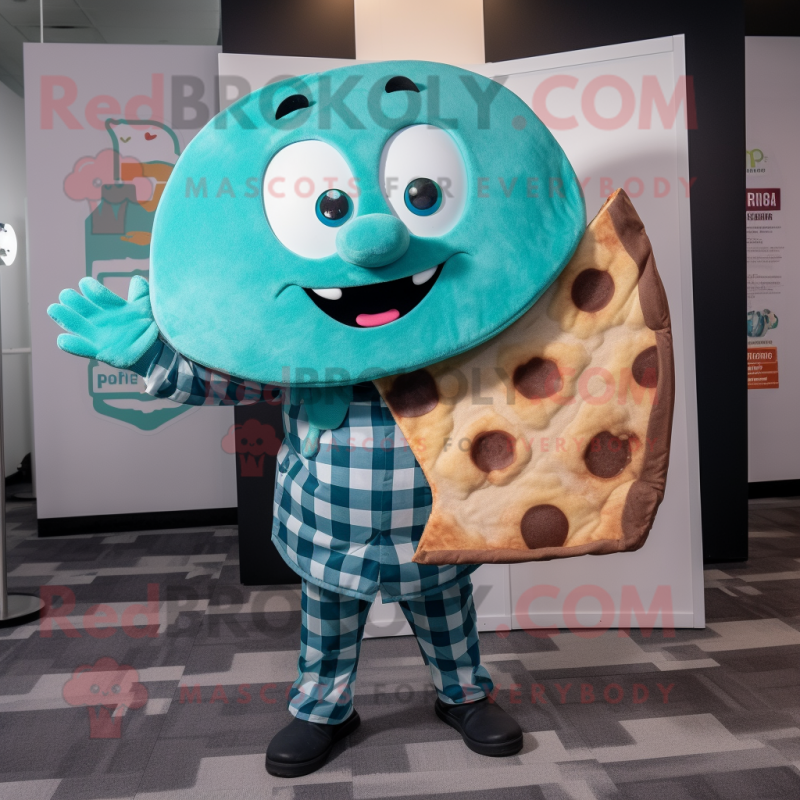 Teal Pizza Slice mascot costume character dressed with a Flannel Shirt and Suspenders