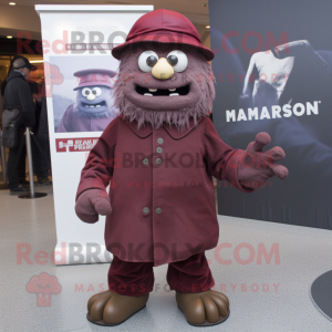 Maroon Frankenstein mascot costume character dressed with a Parka and Hats