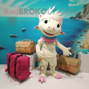 Cream Axolotls mascot costume character dressed with a Capri Pants and Handbags