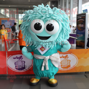 Turquoise Ramen mascot costume character dressed with a Dress and Tie pins