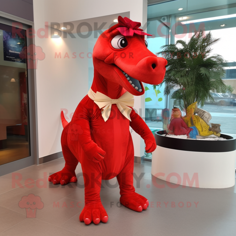 Red Iguanodon mascot costume character dressed with a Midi Dress and Bow ties