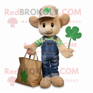 Tan Bunch Of Shamrocks mascot costume character dressed with a Denim Shorts and Tote bags
