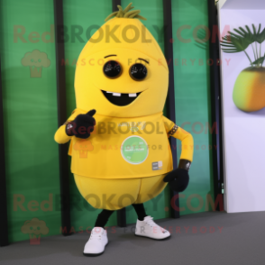 Yellow Mango mascot costume character dressed with a Bermuda Shorts and Smartwatches