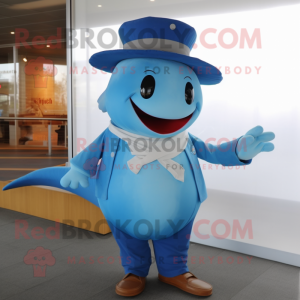 Rust Blue Whale mascot costume character dressed with a Polo Shirt and Hat pins