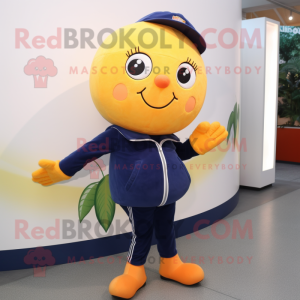 Navy Grapefruit mascot costume character dressed with a Skinny Jeans and Foot pads