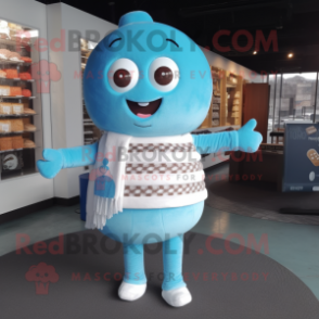 Sky Blue Chocolates mascot costume character dressed with a Sweater and Scarves