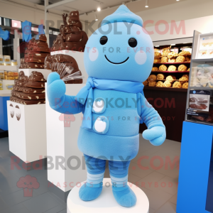 Sky Blue Chocolates mascot costume character dressed with a Sweater and Scarves