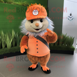 Peach Porcupine mascot costume character dressed with a Vest and Berets