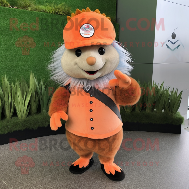 Peach Porcupine mascot costume character dressed with a Vest and Berets