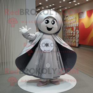 Silver Miso Soup mascot costume character dressed with a Circle Skirt and Shawls