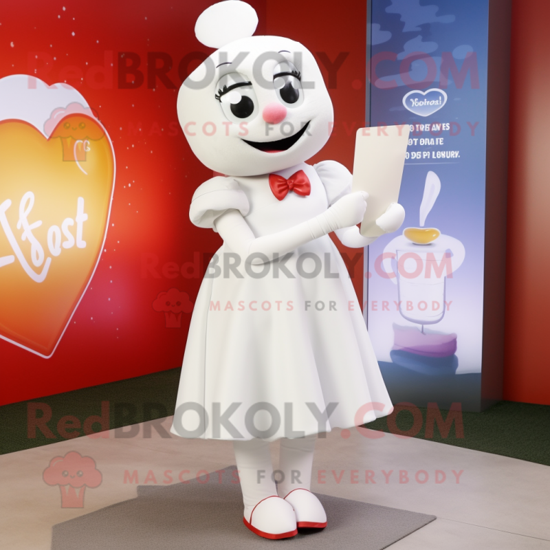 White Love Letter mascot costume character dressed with a A-Line Skirt and Foot pads