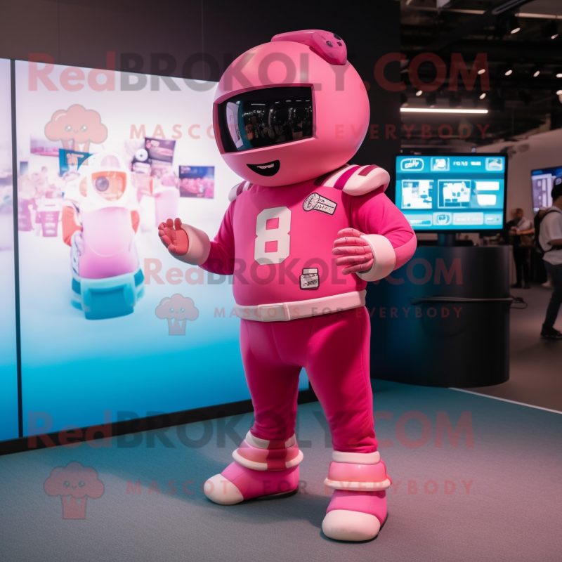 Pink American Football Helmet mascot costume character dressed with a Trousers and Digital watches